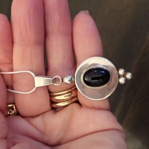 Vintage 925 Mexico C11 Sterling  Black Cabochon Onyx Pendant Necklace